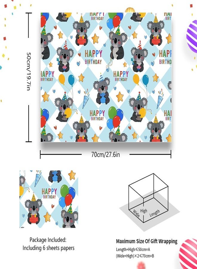 Boerni Koala Wrapping Paper Happy Birthday Wrapping Papers, Cute Koala Balloons and Gifts Printed on Blue White Checkered Background Gift Wrap Paper - 4 Sheets Folded Flat - for Birthday, Holiday, Wedding, Baby Shower Wrap - Image 2